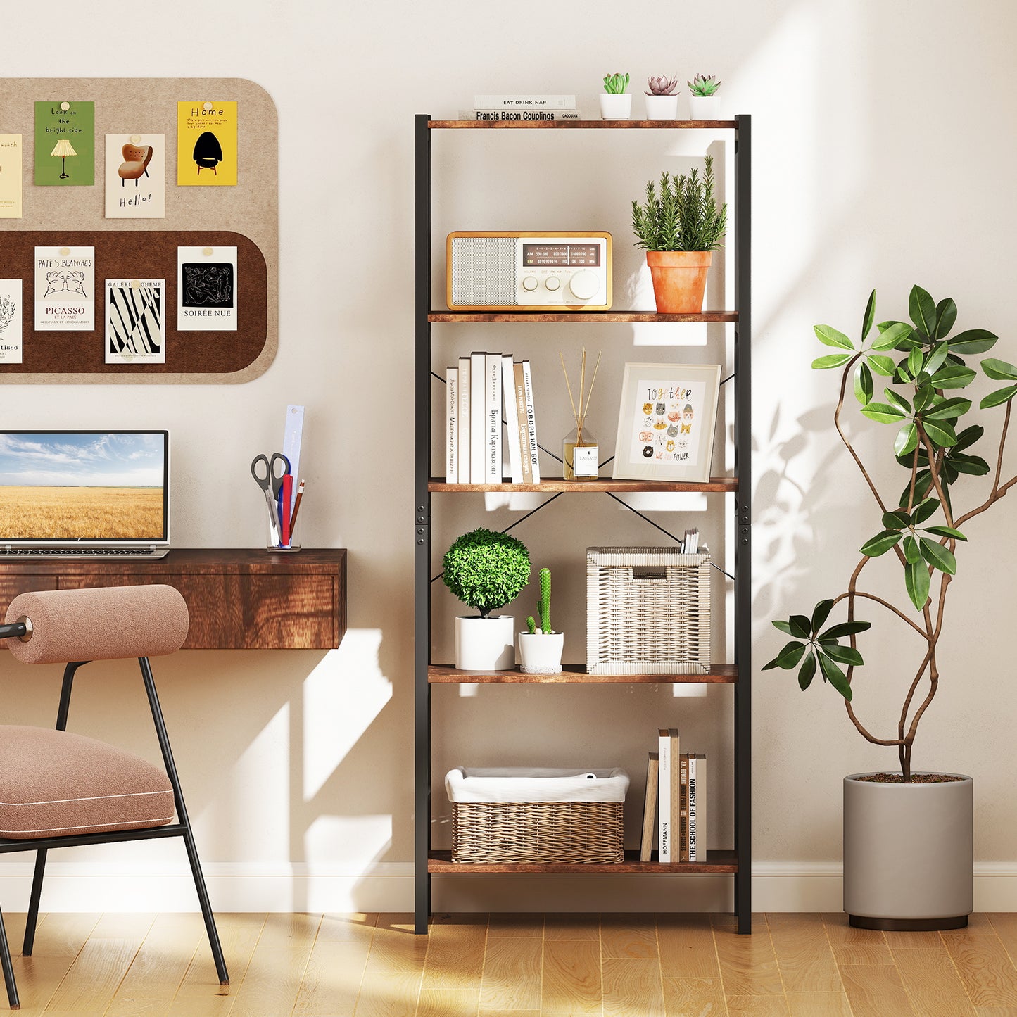 Multipurpose Open Bookcase Industrial Rack Wide Standing Storage Shelf-Brown Kids Crystal