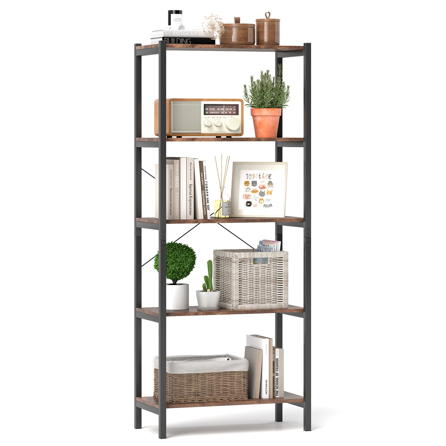 Multipurpose Open Bookcase Industrial Rack Wide Standing Storage Shelf-Brown Kids Crystal