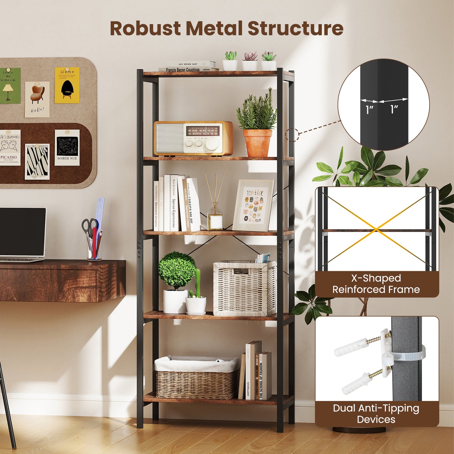 Multipurpose Open Bookcase Industrial Rack Wide Standing Storage Shelf-Brown Kids Crystal