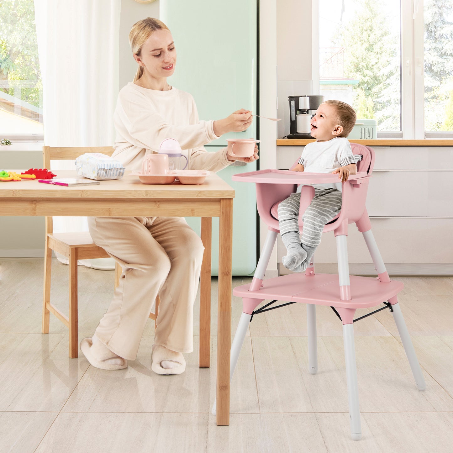 4-in-1 Baby Convertible Toddler Table Chair Set with PU Cushion-Pink Kids Crystal