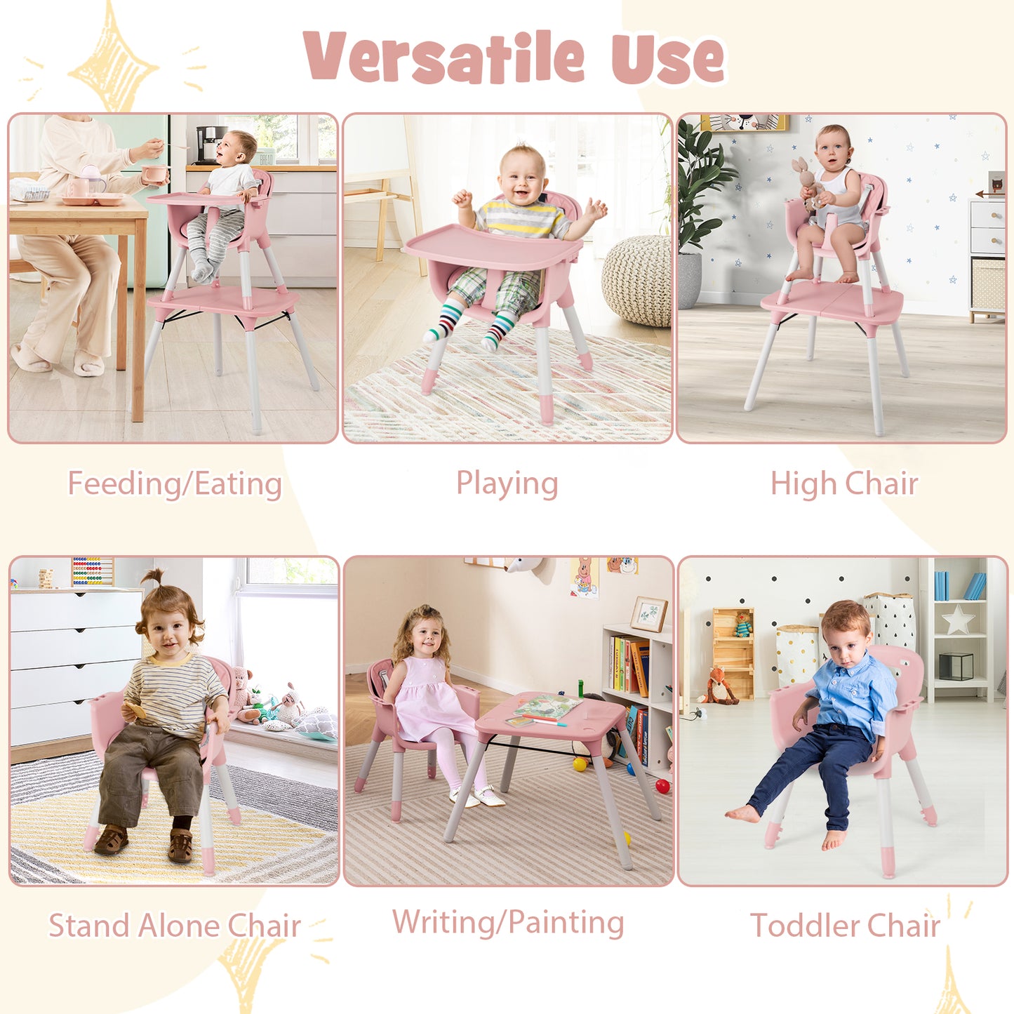 4-in-1 Baby Convertible Toddler Table Chair Set with PU Cushion-Pink Kids Crystal