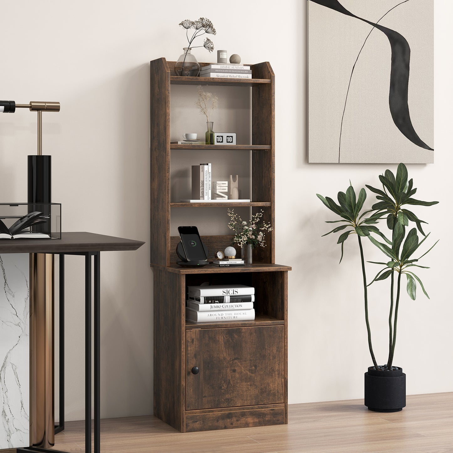 6-Tier Bookshelf Nightstand with Charging Station and Cabinet-Rustic Brown Kids Crystal