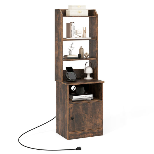 6-Tier Bookshelf Nightstand with Charging Station and Cabinet-Rustic Brown Kids Crystal