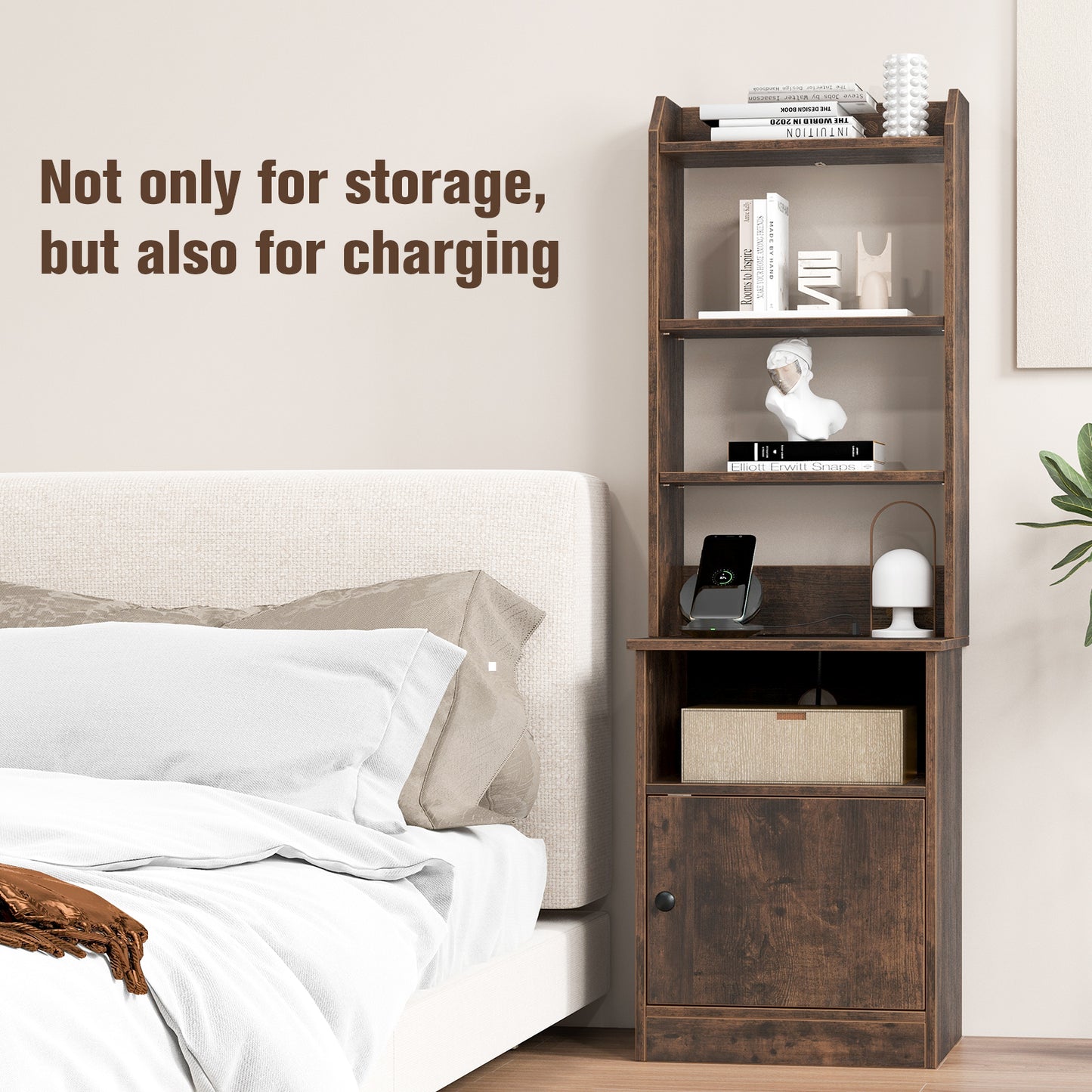 6-Tier Bookshelf Nightstand with Charging Station and Cabinet-Rustic Brown Kids Crystal