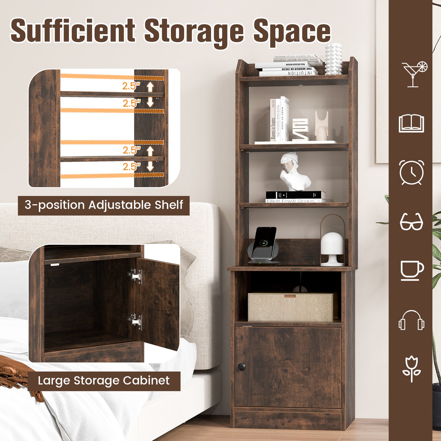 6-Tier Bookshelf Nightstand with Charging Station and Cabinet-Rustic Brown Kids Crystal