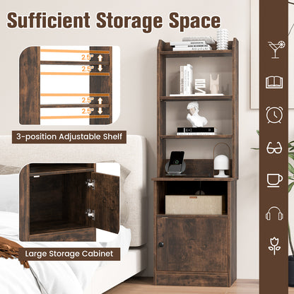 6-Tier Bookshelf Nightstand with Charging Station and Cabinet-Rustic Brown