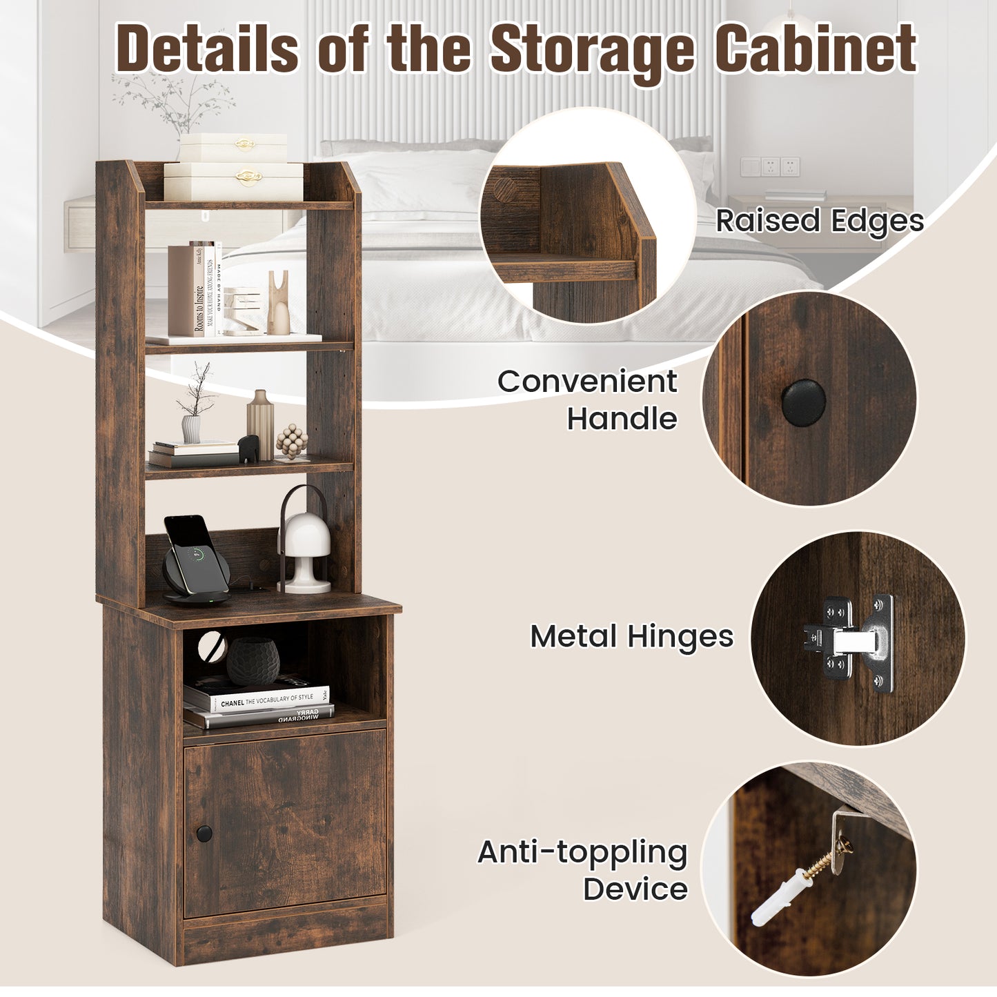 6-Tier Bookshelf Nightstand with Charging Station and Cabinet-Rustic Brown Kids Crystal