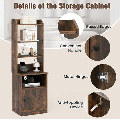 6-Tier Bookshelf Nightstand with Charging Station and Cabinet-Rustic Brown