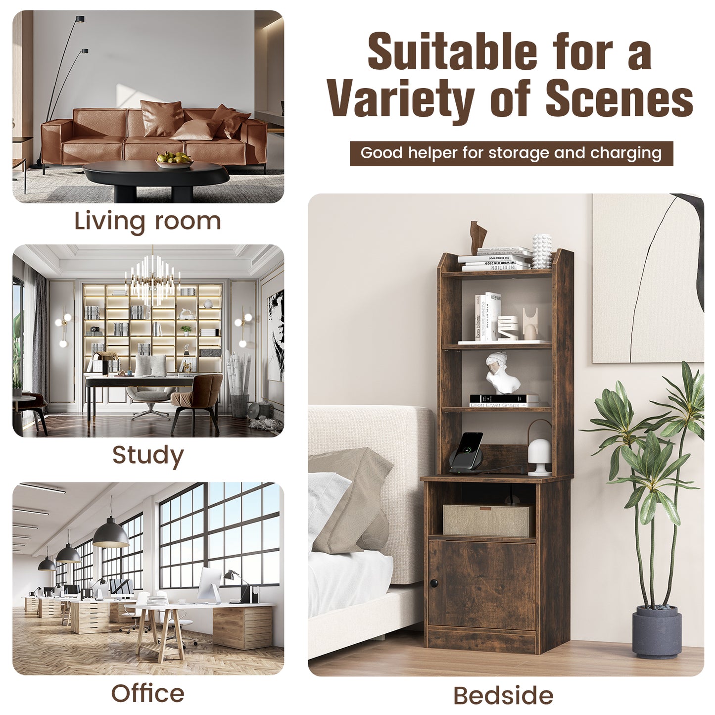 6-Tier Bookshelf Nightstand with Charging Station and Cabinet-Rustic Brown Kids Crystal