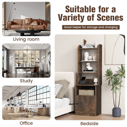 6-Tier Bookshelf Nightstand with Charging Station and Cabinet-Rustic Brown