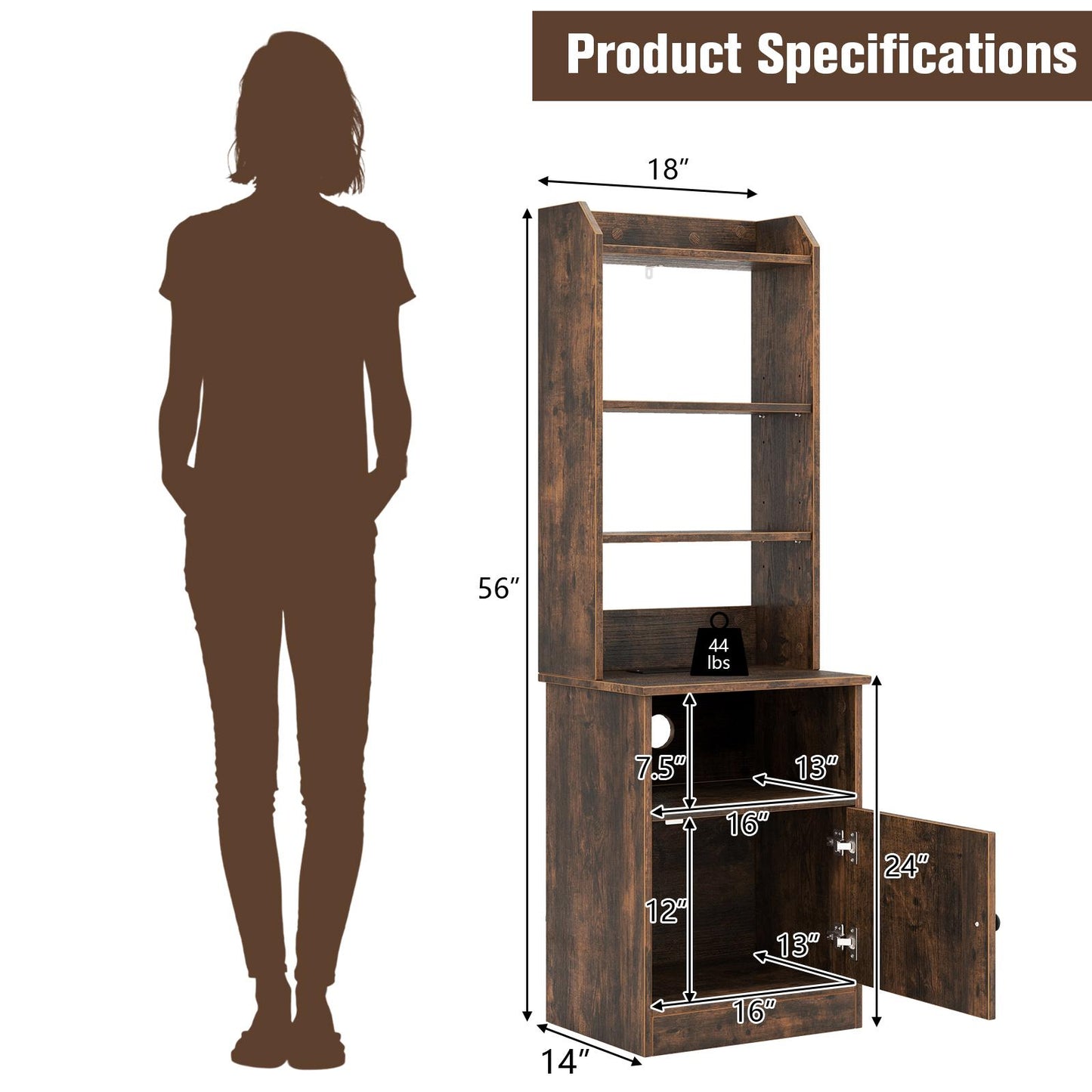 6-Tier Bookshelf Nightstand with Charging Station and Cabinet-Rustic Brown Kids Crystal