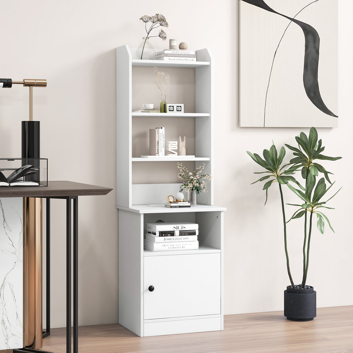6-Tier Bookshelf Nightstand with Charging Station and Cabinet-White Kids Crystal