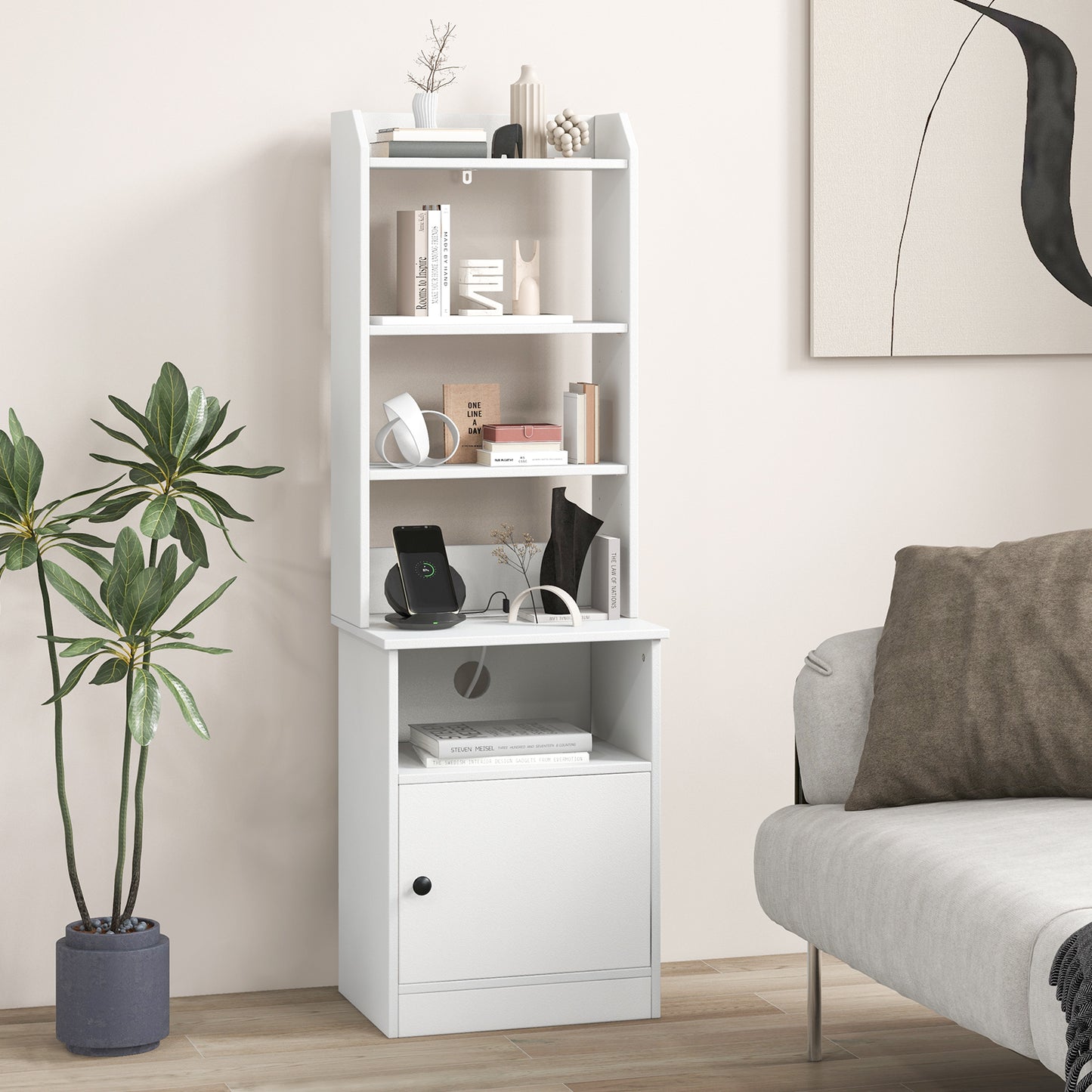 6-Tier Bookshelf Nightstand with Charging Station and Cabinet-White Kids Crystal