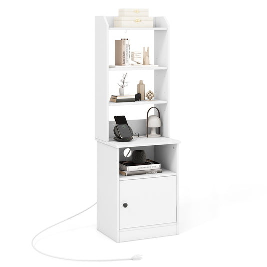 6-Tier Bookshelf Nightstand with Charging Station and Cabinet-White Kids Crystal