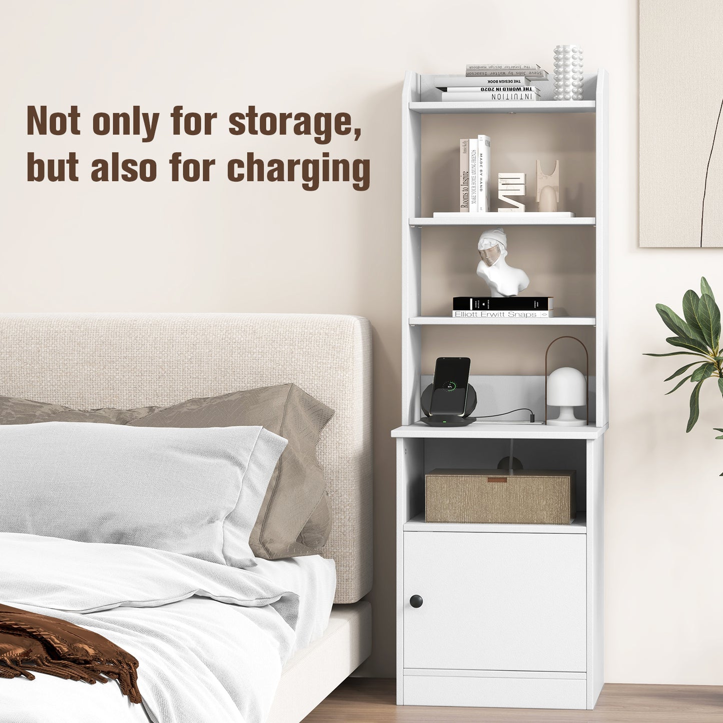 6-Tier Bookshelf Nightstand with Charging Station and Cabinet-White Kids Crystal