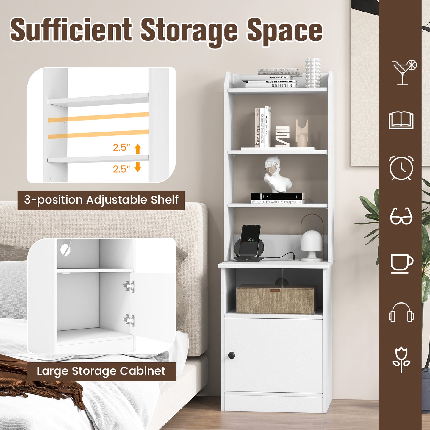 6-Tier Bookshelf Nightstand with Charging Station and Cabinet-White Kids Crystal