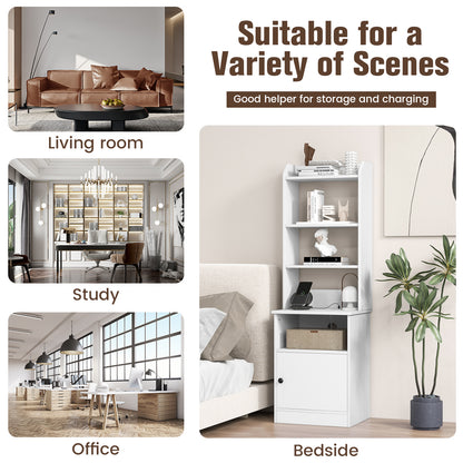 6-Tier Bookshelf Nightstand with Charging Station and Cabinet-White