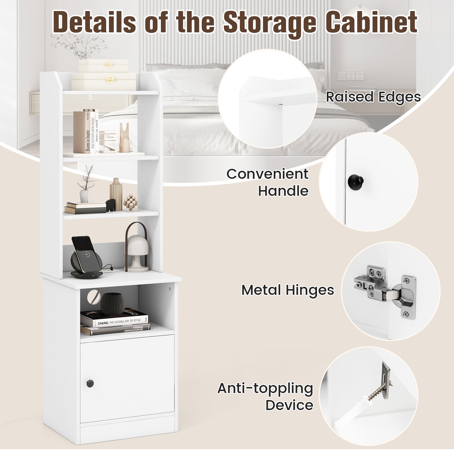 6-Tier Bookshelf Nightstand with Charging Station and Cabinet-White Kids Crystal