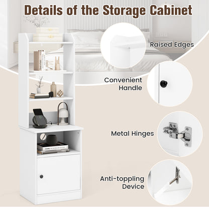 6-Tier Bookshelf Nightstand with Charging Station and Cabinet-White