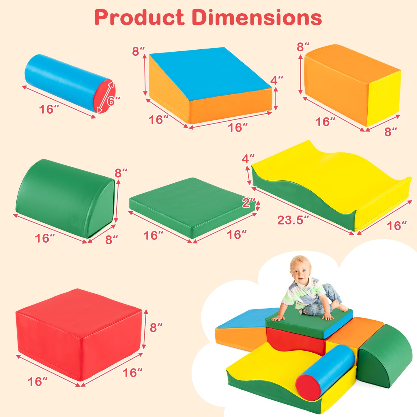 7 Pieces Toddlers Climbing Toys with EPE Foam and Removable PU Leather Kids Crystal