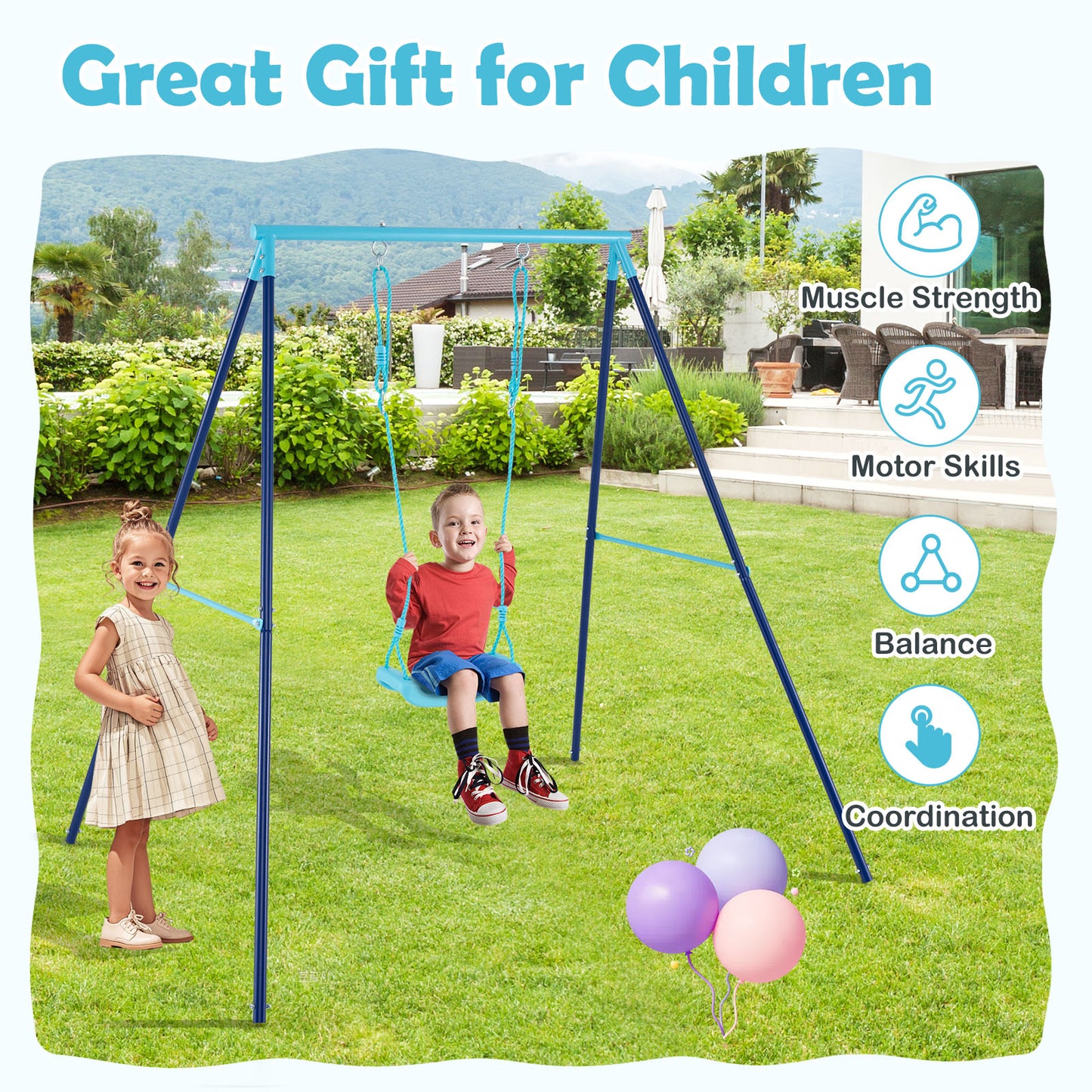 Outdoor Heavy Duty Metal Toddler Swing Set with Stand-Blue Kids Crystal