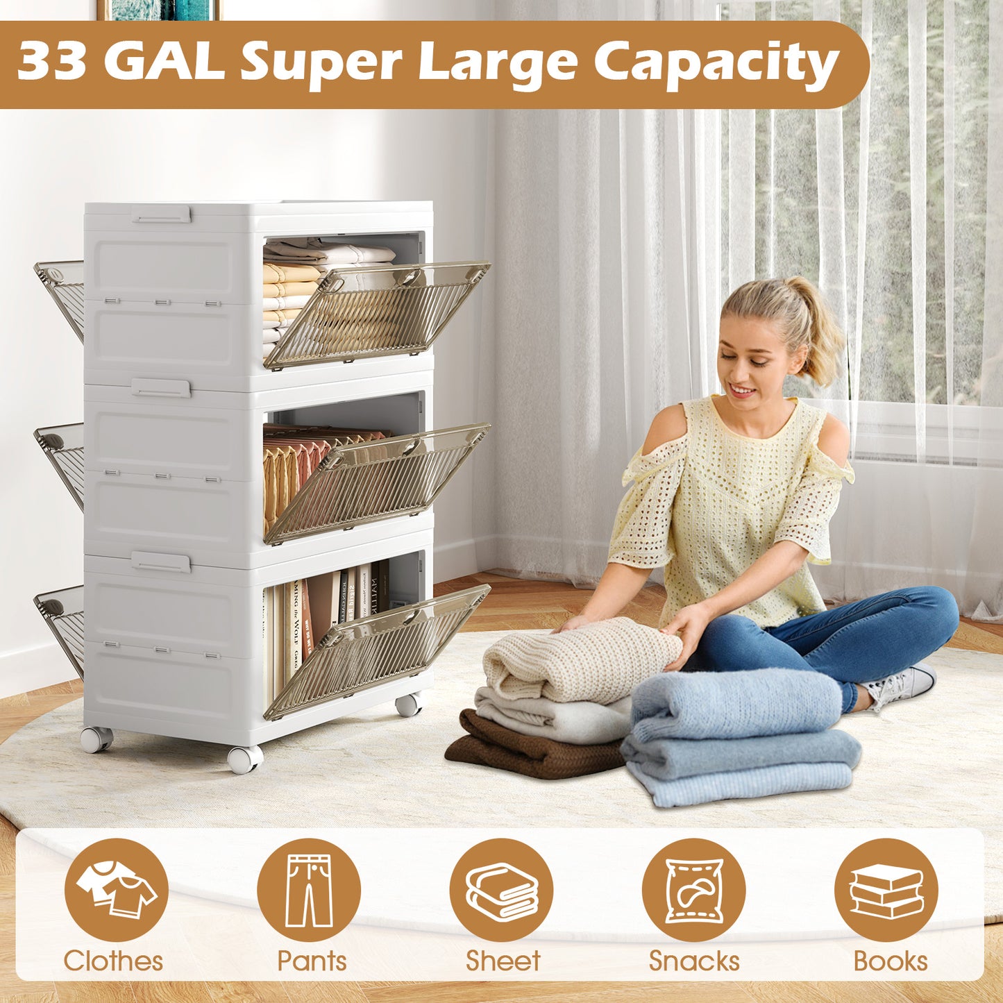 33 Gal 3-Pack Stackable Plastic Storage Bins with Lid for Bedroom Living Room-White Kids Crystal