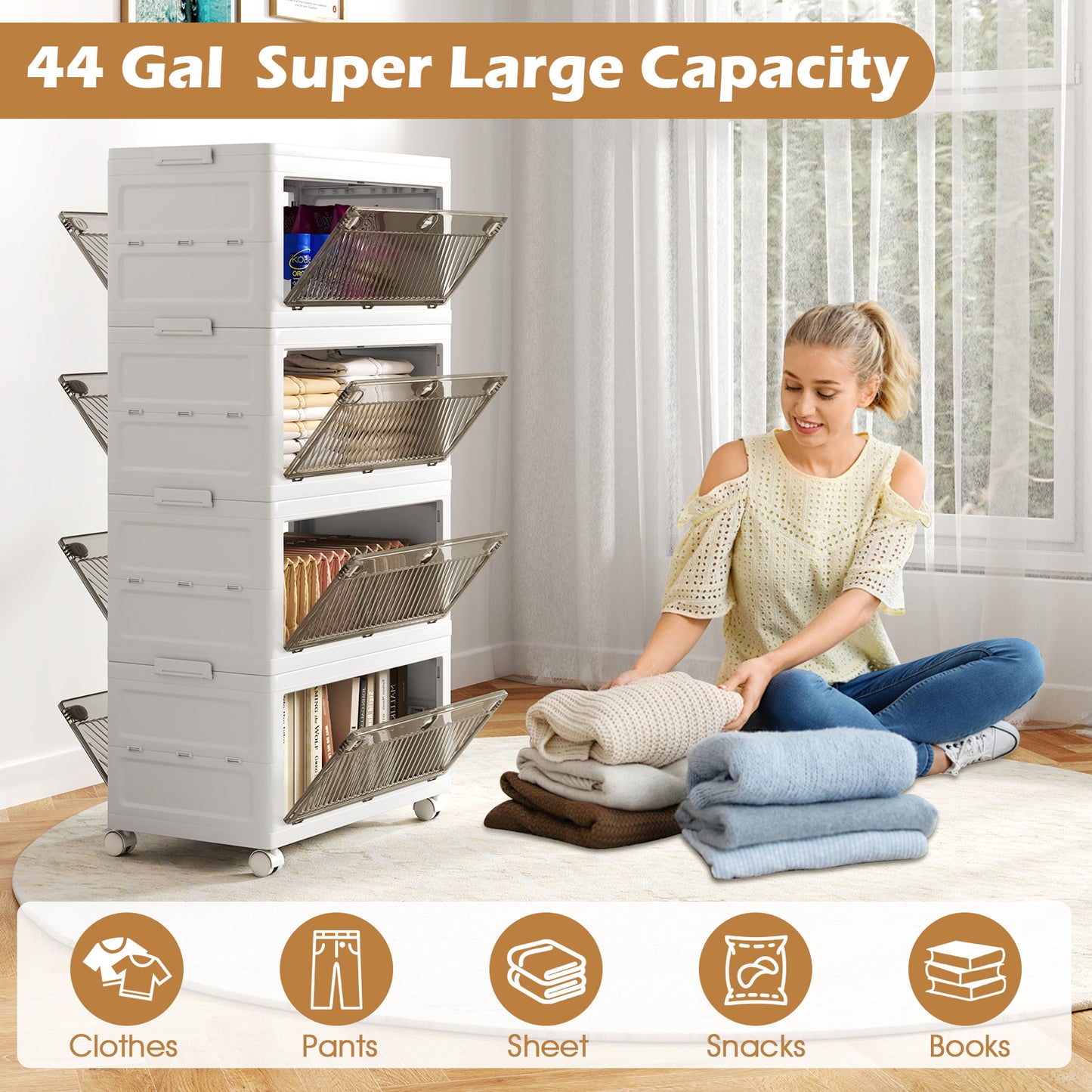 44 Gal 4-Pack Stackable Plastic Storage Bins with Lid for Bedroom Living Room-White Kids Crystal