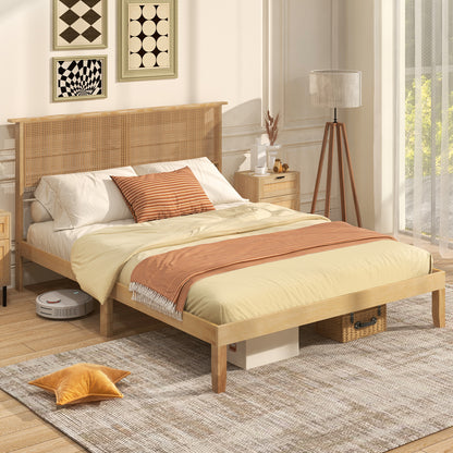 Twin/Full/Queen Size Bed Frame with Rattan Headboard-Queen Size