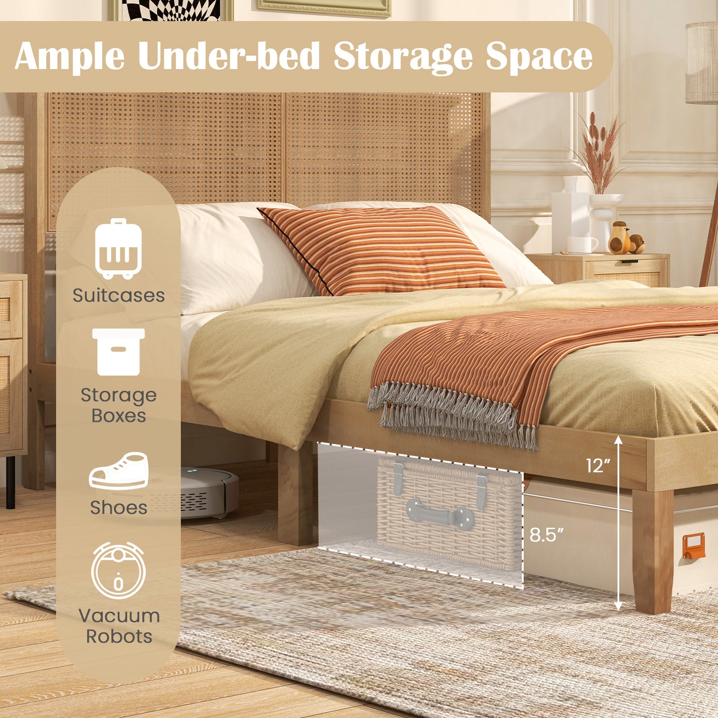 Twin/Full/Queen Size Bed Frame with Rattan Headboard-Queen Size Kids Crystal