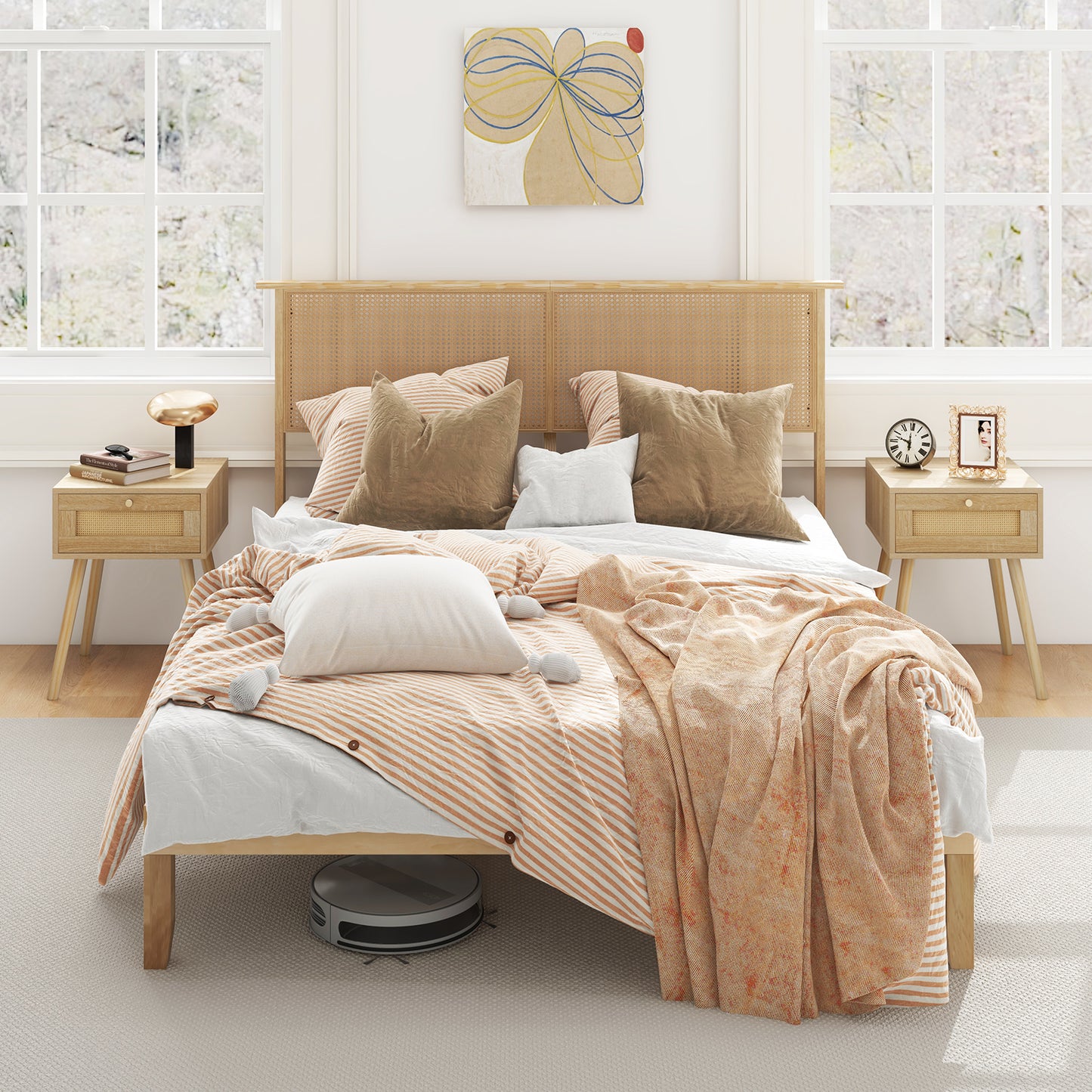 Twin/Full/Queen Size Bed Frame with Rattan Headboard-Queen Size Kids Crystal