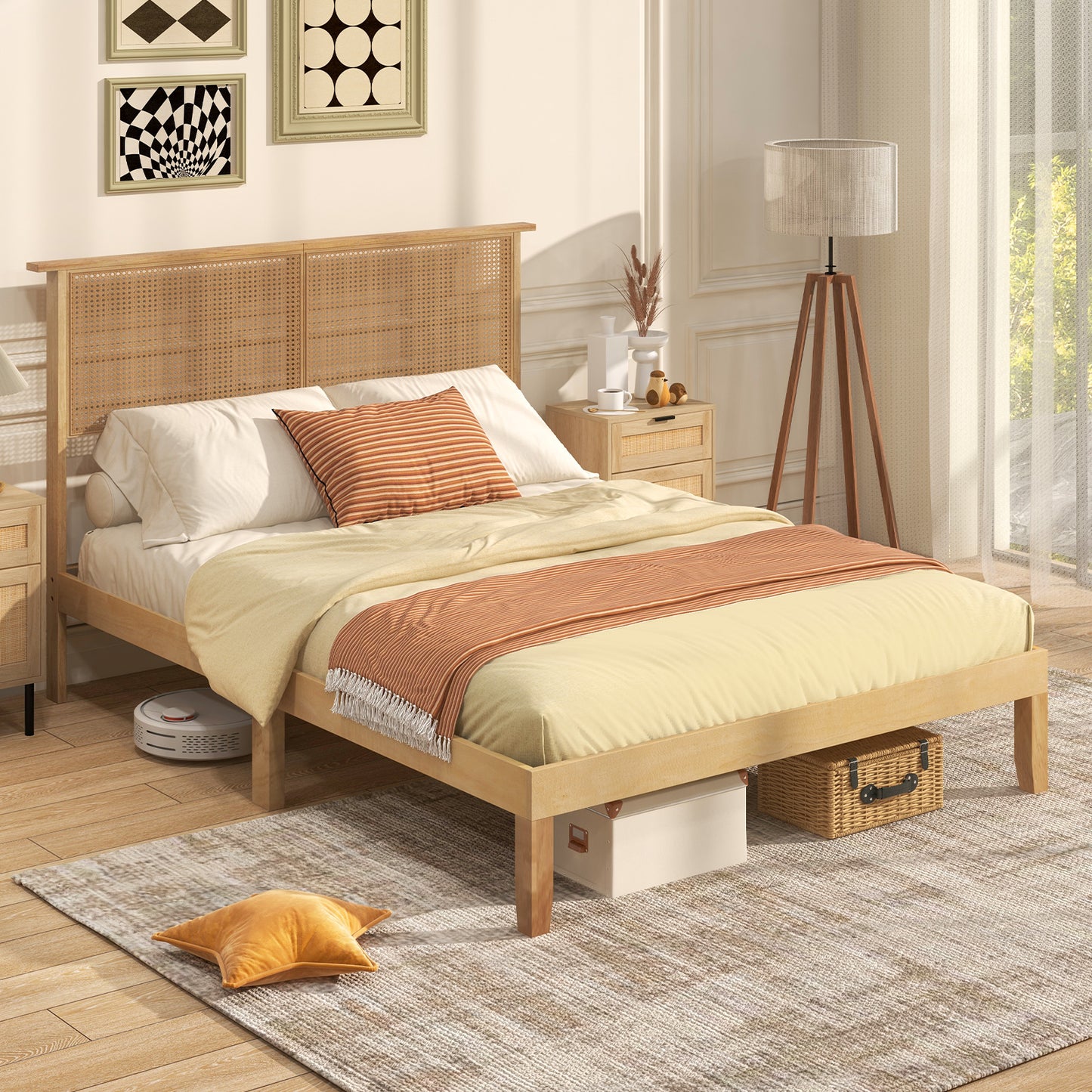 Twin/Full/Queen Size Bed Frame with Rattan Headboard-Full Size Kids Crystal