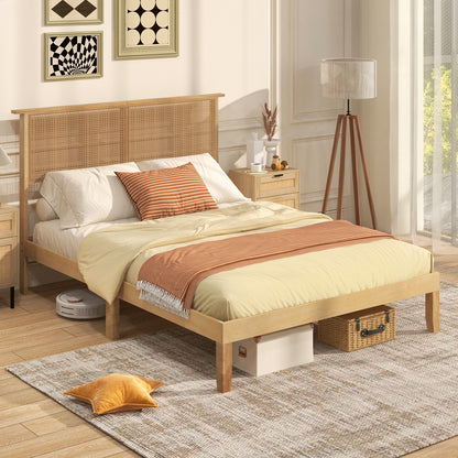 Twin/Full/Queen Size Bed Frame with Rattan Headboard-Full Size