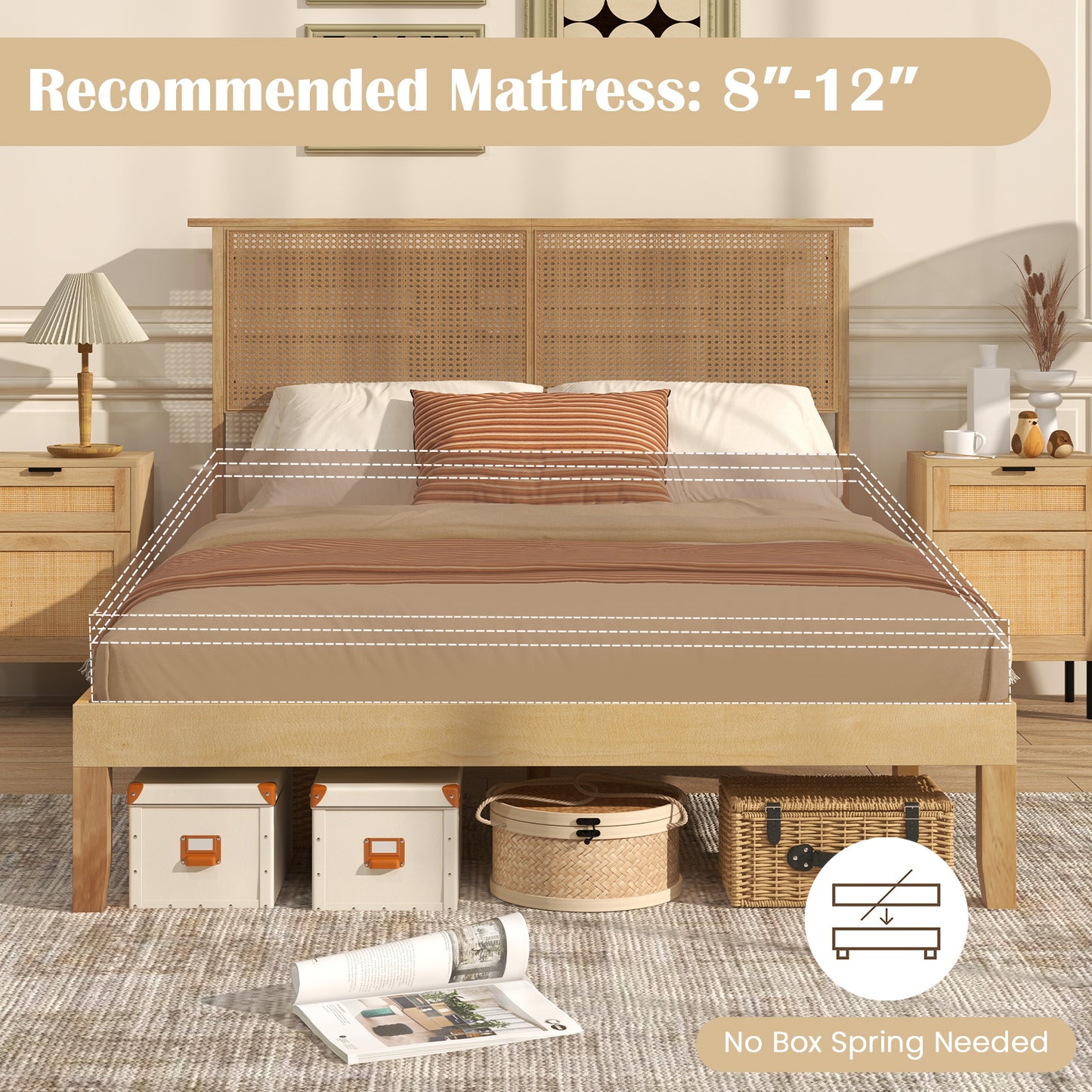 Twin/Full/Queen Size Bed Frame with Rattan Headboard-Full Size Kids Crystal