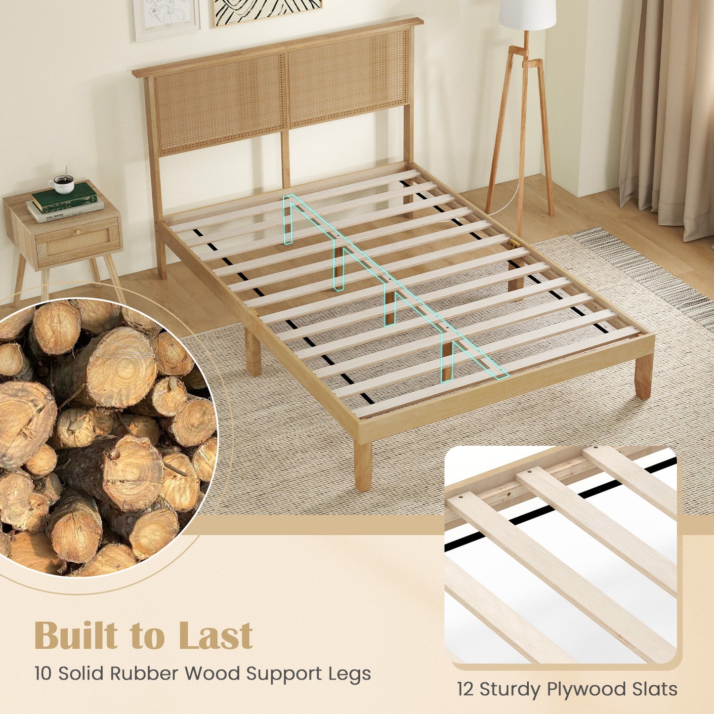 Twin/Full/Queen Size Bed Frame with Rattan Headboard-Full Size Kids Crystal