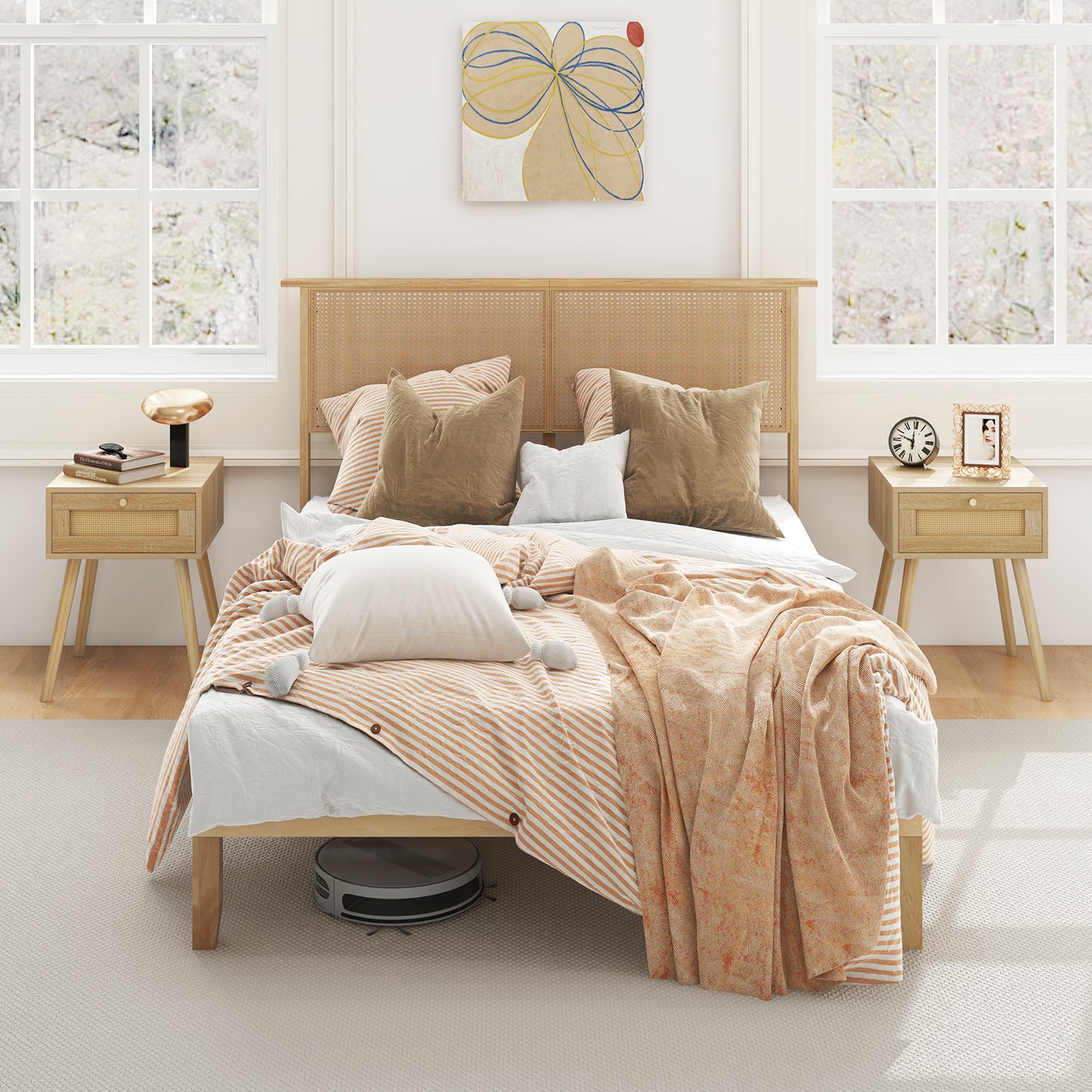 Twin/Full/Queen Size Bed Frame with Rattan Headboard-Full Size Kids Crystal