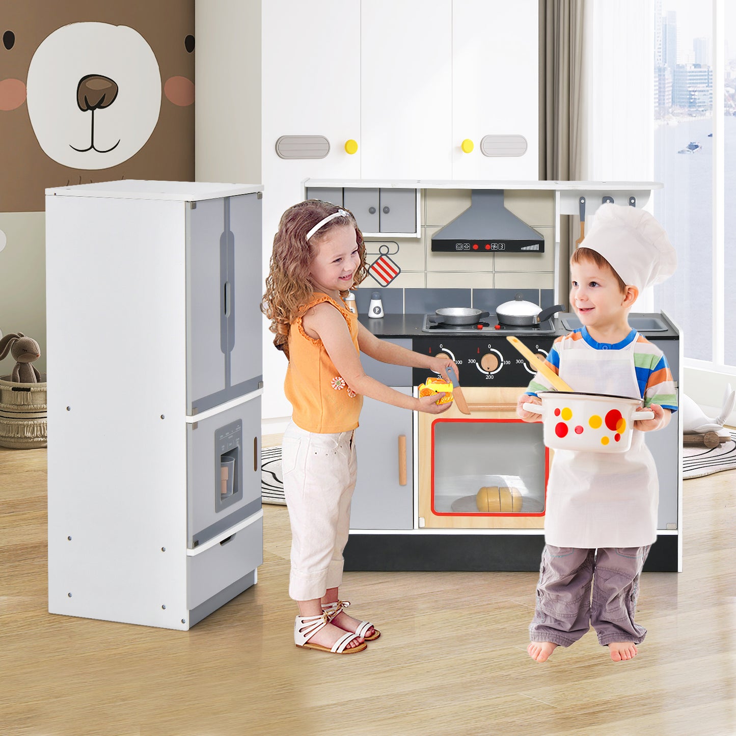 Wooden Chef Play Kitchen and Refrigerator with Realistic Range Hood and Roaster Kids Crystal