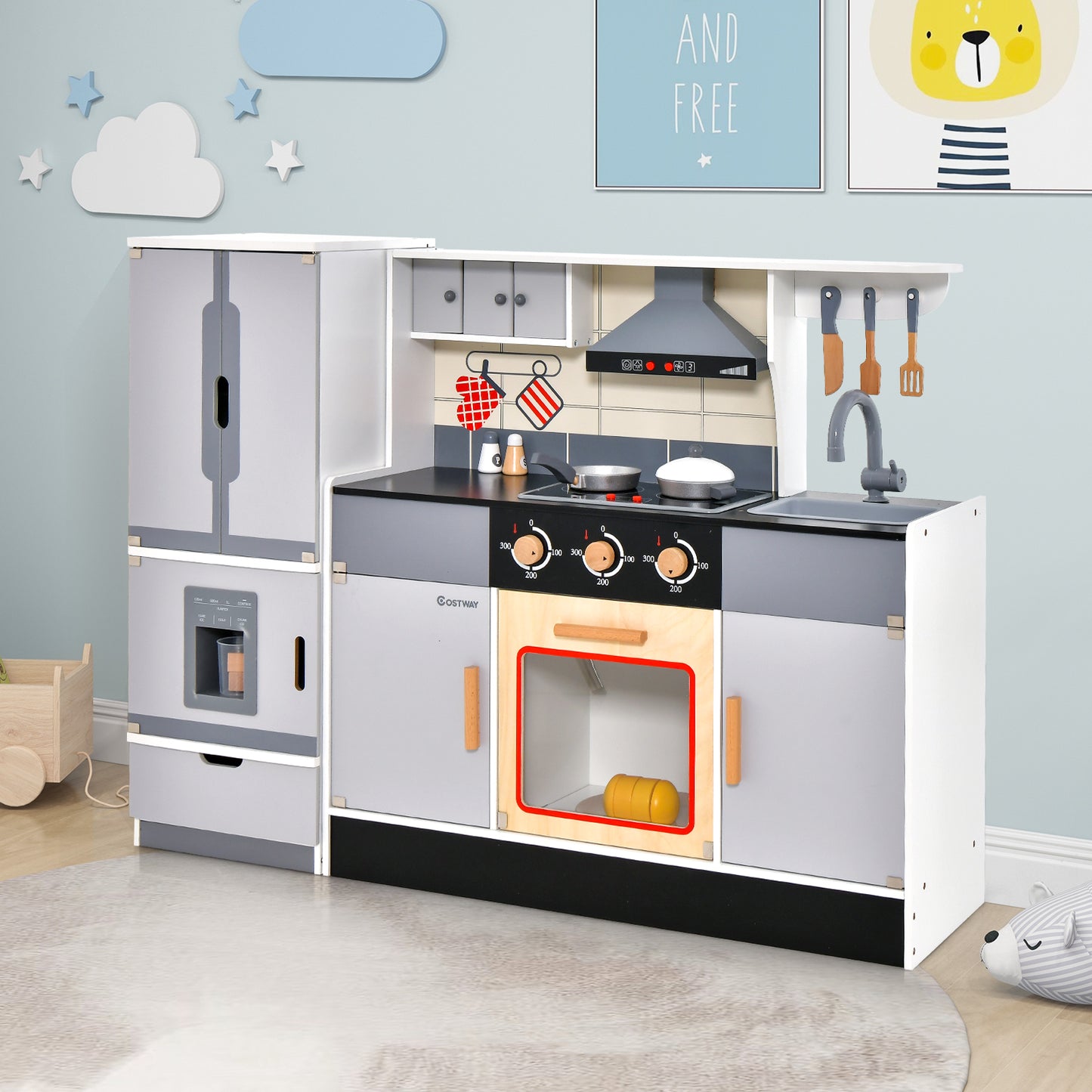 Wooden Chef Play Kitchen and Refrigerator with Realistic Range Hood and Roaster Kids Crystal
