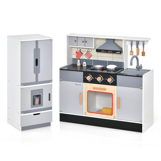 Wooden Chef Play Kitchen and Refrigerator with Realistic Range Hood and Roaster Kids Crystal