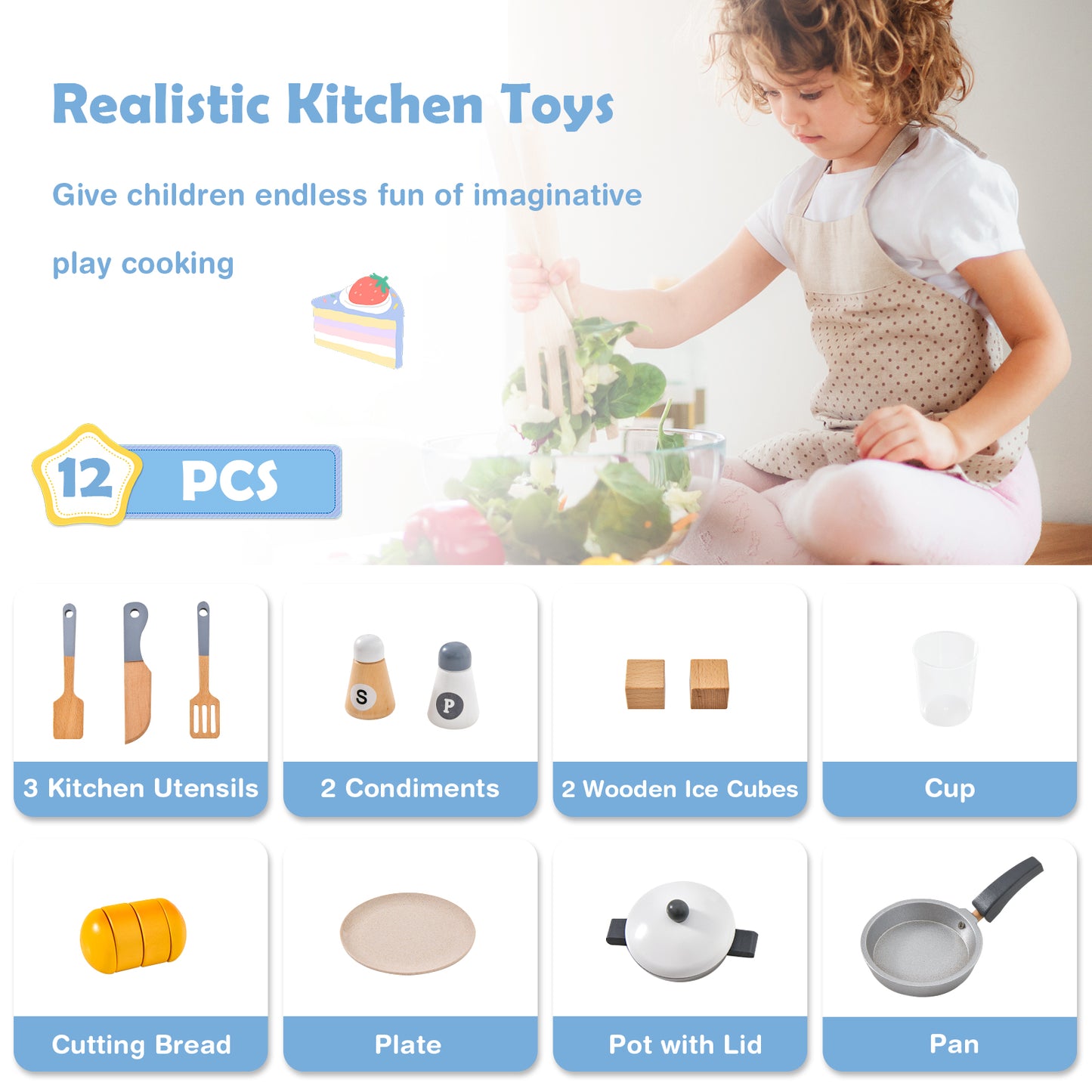 Wooden Chef Play Kitchen and Refrigerator with Realistic Range Hood and Roaster Kids Crystal