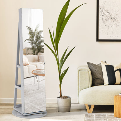 360° Rotating Mirrored Jewelry Cabinet Armoire 3 Color LED Modes Lockable-Gray
