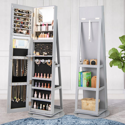 360° Rotating Mirrored Jewelry Cabinet Armoire 3 Color LED Modes Lockable-Gray