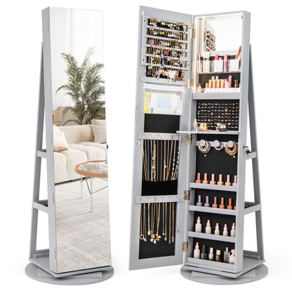 360° Rotating Mirrored Jewelry Cabinet Armoire 3 Color LED Modes Lockable-Gray