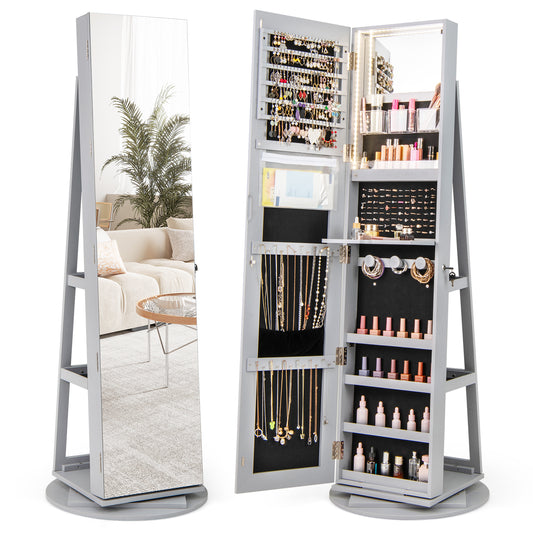 360° Rotating Mirrored Jewelry Cabinet Armoire 3 Color LED Modes Lockable-Gray