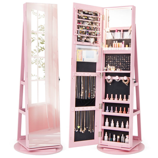 360° Rotating Mirrored Jewelry Cabinet Armoire 3 Color LED Modes Lockable-Pink
