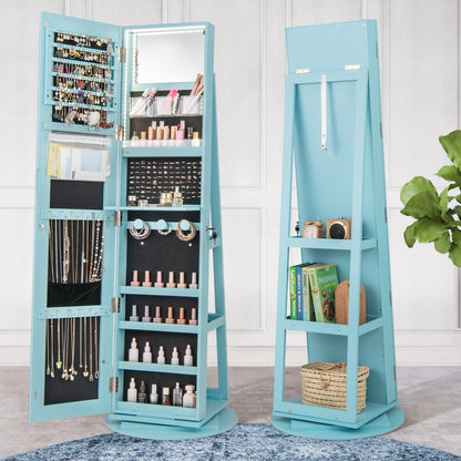 360° Rotating Mirrored Jewelry Cabinet Armoire 3 Color LED Modes Lockable-Blue