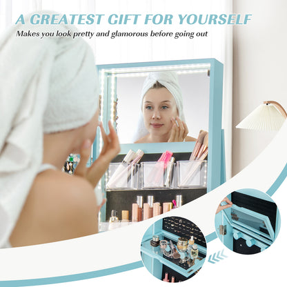 360° Rotating Mirrored Jewelry Cabinet Armoire 3 Color LED Modes Lockable-Blue