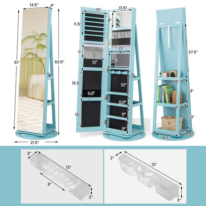 360° Rotating Mirrored Jewelry Cabinet Armoire 3 Color LED Modes Lockable-Blue