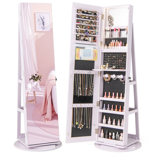 360° Rotating Mirrored Jewelry Cabinet Armoire 3 Color LED Modes Lockable-Purple