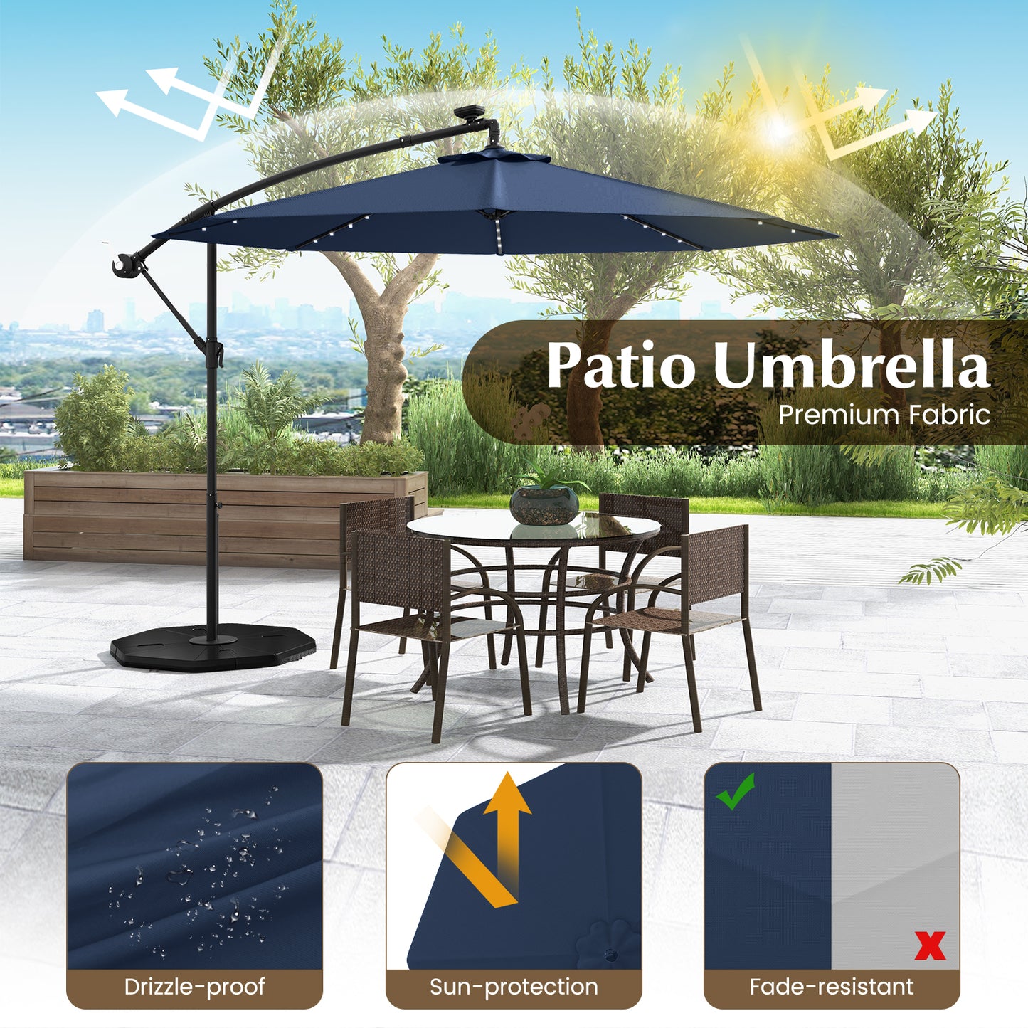 10 Ft Solar LED Offset Umbrella with 40 Lights and Cross Base for Patio-Blue Kids Crystal