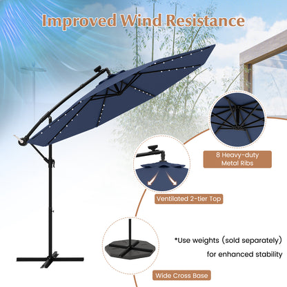 10 Ft Solar LED Offset Umbrella with 40 Lights and Cross Base for Patio-Blue